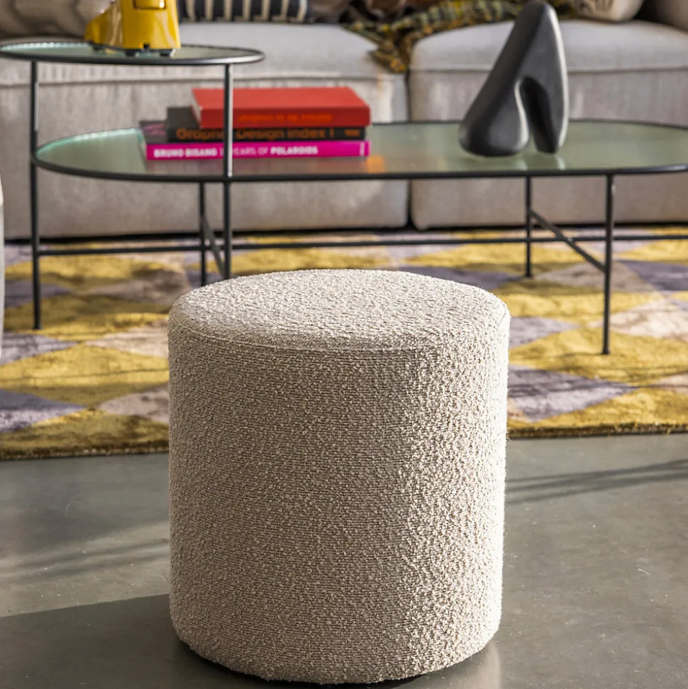 Pouf Bouclé Beige Élégant Diam.34x36 cm - HN1233 pour un Style Unique