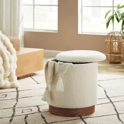Pouf coffre JULIETTE tissu bouclette blanc & base bois foncé