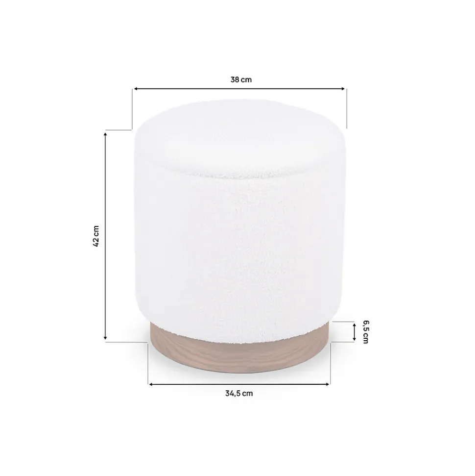 Pouf coffre JULIETTE tissu bouclette blanc & base bois foncé