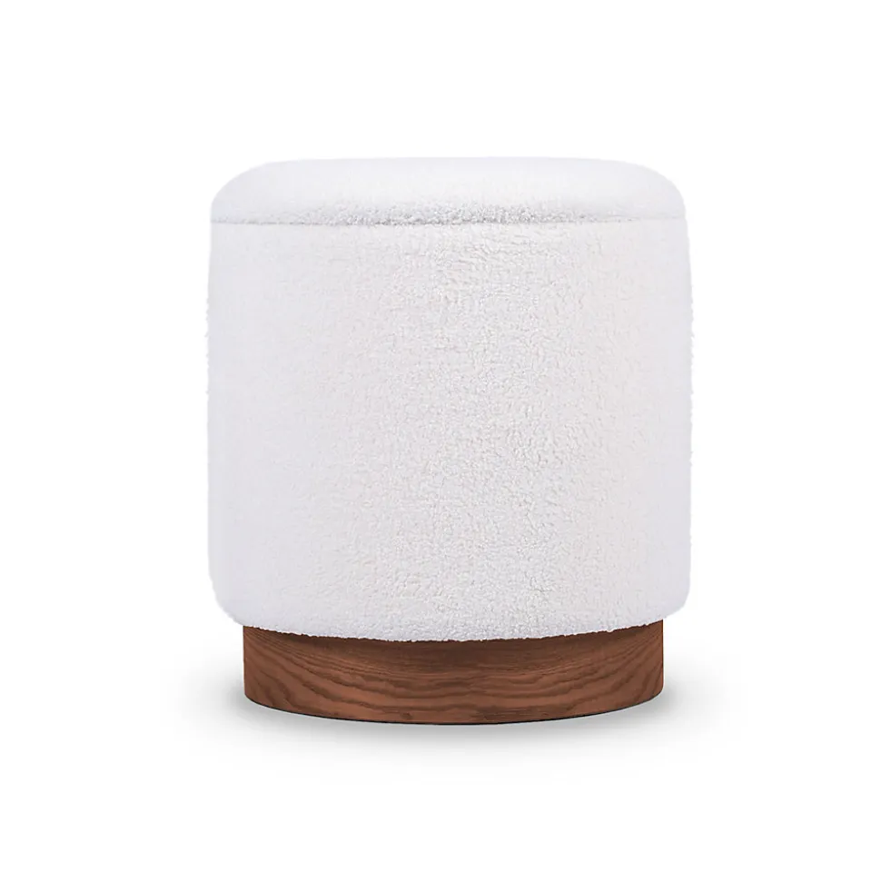 Pouf coffre JULIETTE tissu bouclette blanc & base bois foncé