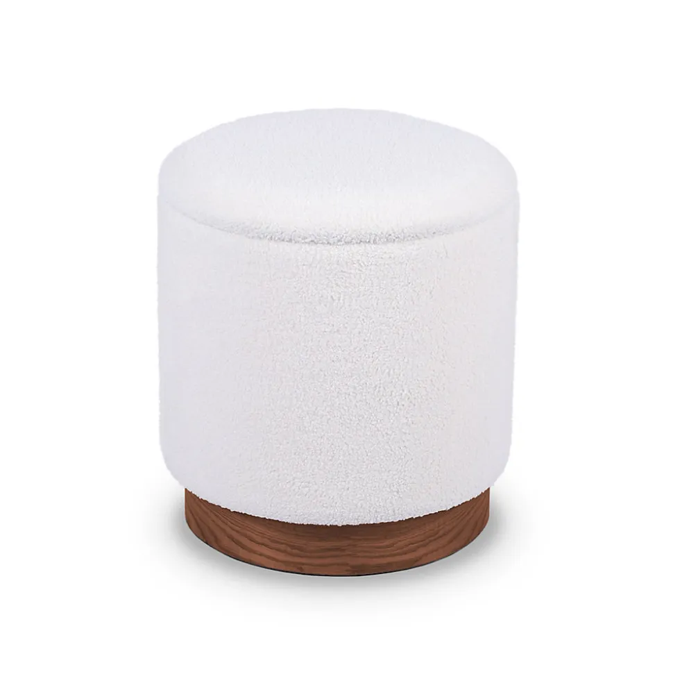 Pouf coffre JULIETTE tissu bouclette blanc & base bois foncé