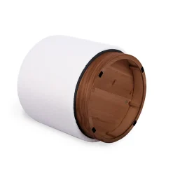 Pouf coffre JULIETTE tissu bouclette blanc & base bois foncé