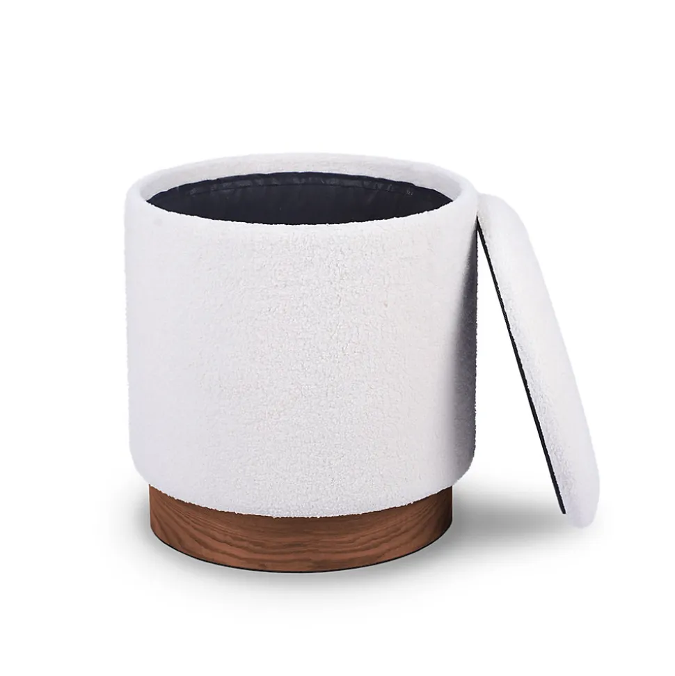 Pouf coffre JULIETTE tissu bouclette blanc & base bois foncé