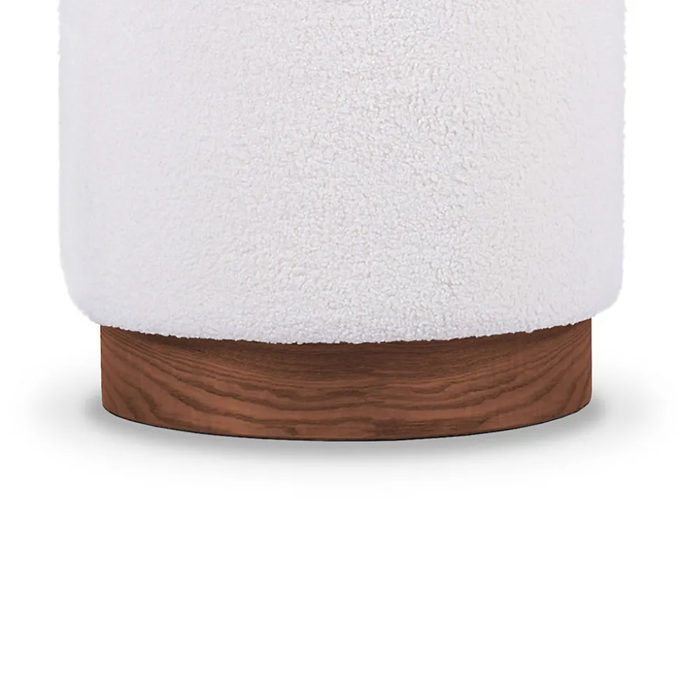 Pouf coffre JULIETTE tissu bouclette blanc & base bois foncé