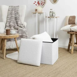 Pouf coffre pliable en bouclette blanc