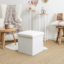 Pouf coffre pliable en bouclette blanc
