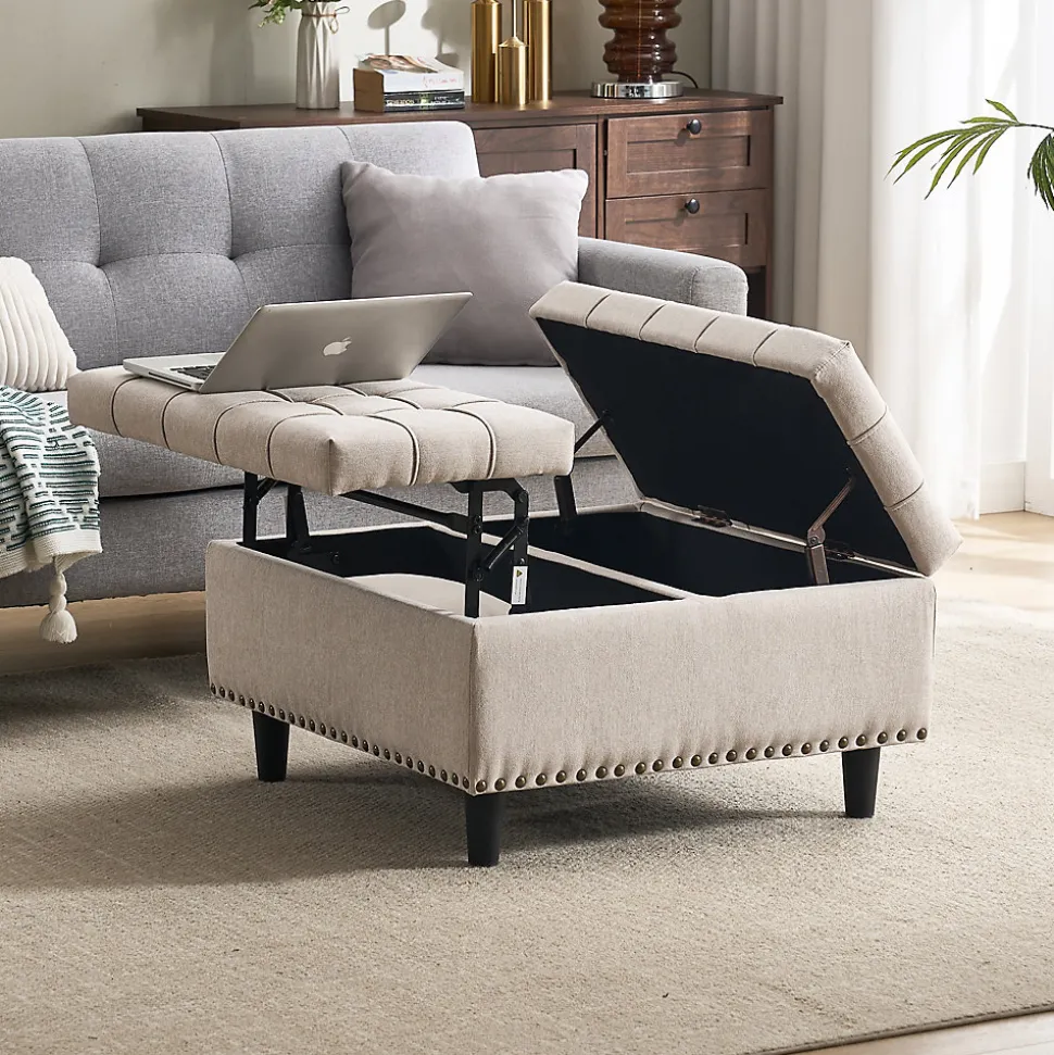 Pouf de Rangement - Banc Coffre Carré avec Grande Capacité de Stockage et Assise Confortable en Tissu, 75x75x41 cm - Beige