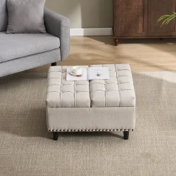 Pouf de Rangement - Banc Coffre Carré avec Grande Capacité de Stockage et Assise Confortable en Tissu, 75x75x41 cm - Beige