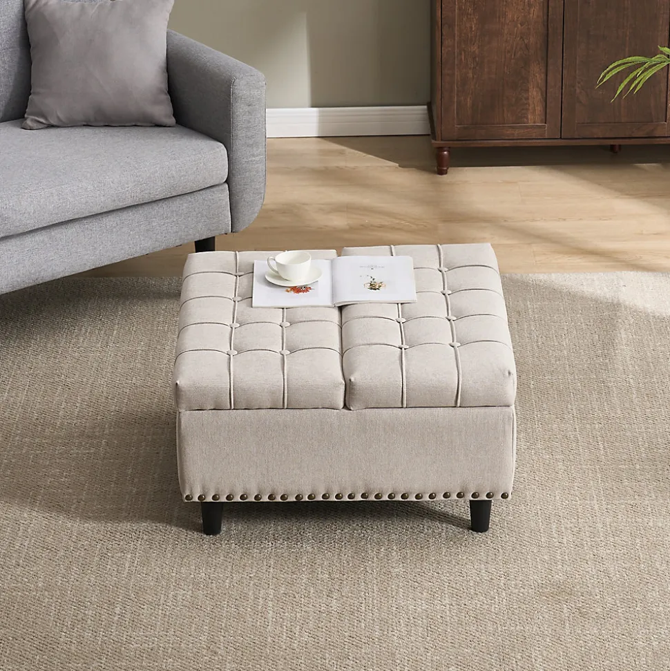 Pouf de Rangement - Banc Coffre Carré avec Grande Capacité de Stockage et Assise Confortable en Tissu, 75x75x41 cm - Beige
