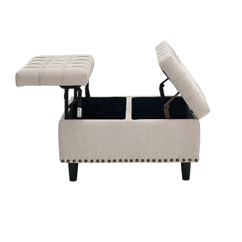 Pouf de Rangement - Banc Coffre Carré avec Grande Capacité de Stockage et Assise Confortable en Tissu, 75x75x41 cm - Beige