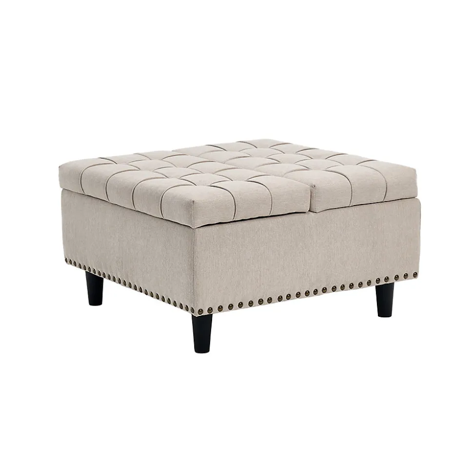 Pouf de Rangement - Banc Coffre Carré avec Grande Capacité de Stockage et Assise Confortable en Tissu, 75x75x41 cm - Beige