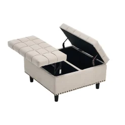 Pouf de Rangement - Banc Coffre Carré avec Grande Capacité de Stockage et Assise Confortable en Tissu, 75x75x41 cm - Beige