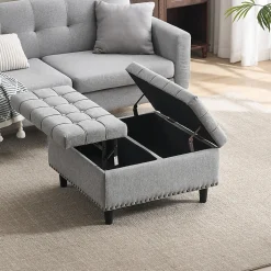 Pouf de Rangement - Banc Coffre Carré avec Grande Capacité de Stockage et Assise Confortable en Tissu, 75x75x41 cm - Gris