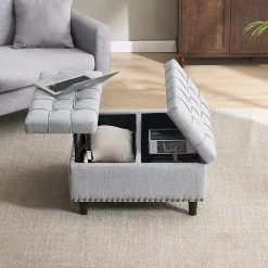 Pouf de Rangement - Banc Coffre Carré avec Grande Capacité de Stockage et Assise Confortable en Tissu, 75x75x41 cm - Gris