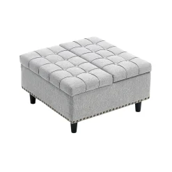 Pouf de Rangement - Banc Coffre Carré avec Grande Capacité de Stockage et Assise Confortable en Tissu, 75x75x41 cm - Gris