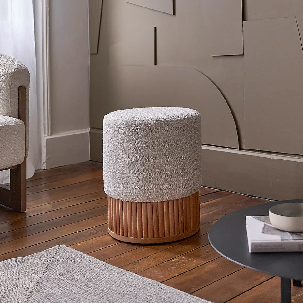Pouf en teck massif et bouclette