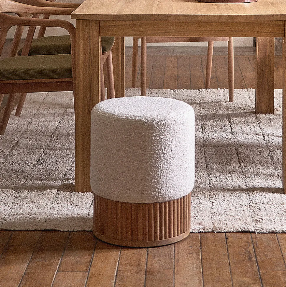 Pouf en teck massif et bouclette