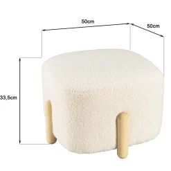Pouf en tissu bouclette écru et pieds bois