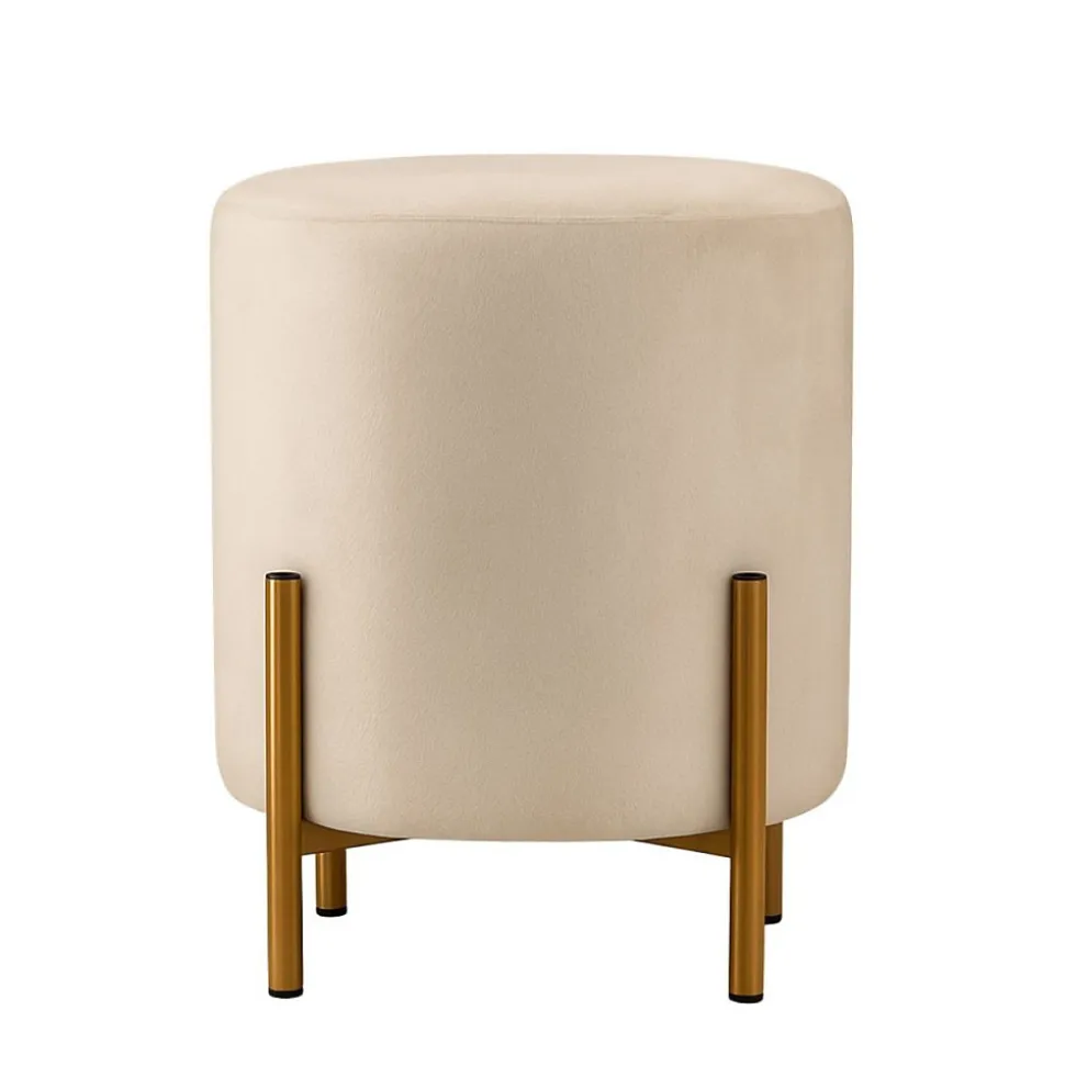 Pouf en velours beige rond pieds métal doré 36x30cm