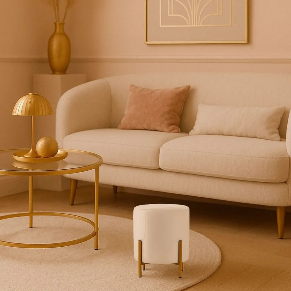 Pouf en velours beige rond pieds métal doré 36x30cm