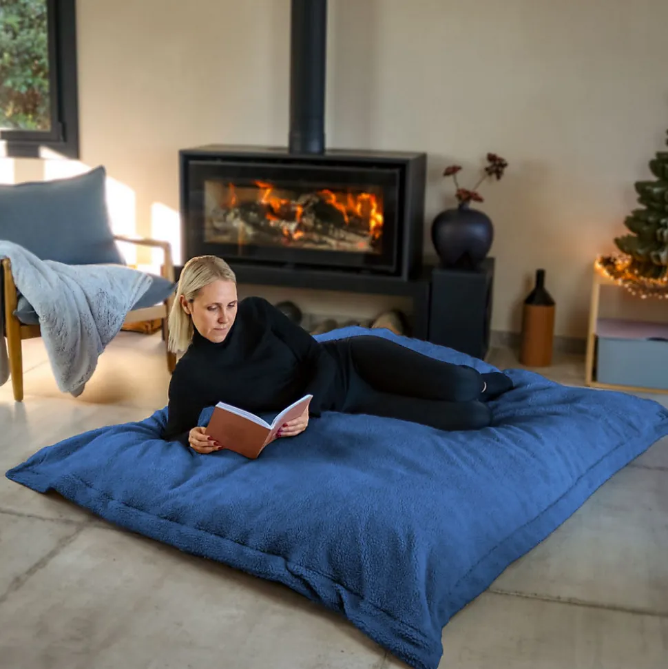 Pouf géant XXL, fauteuil d'intérieur déhoussable - 150 x 180 cm - Sherpa - Bleu marine - Vivezen
