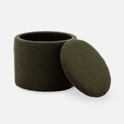 Pouf kaki foncé en tissu avec rangement pour coussins ou plaids