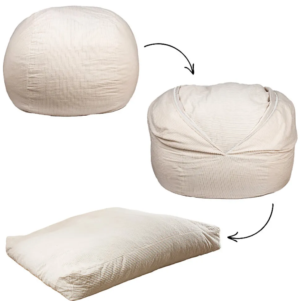 Pouf lit convertible 2en1 déhoussable en velours côtelé blanc cassé