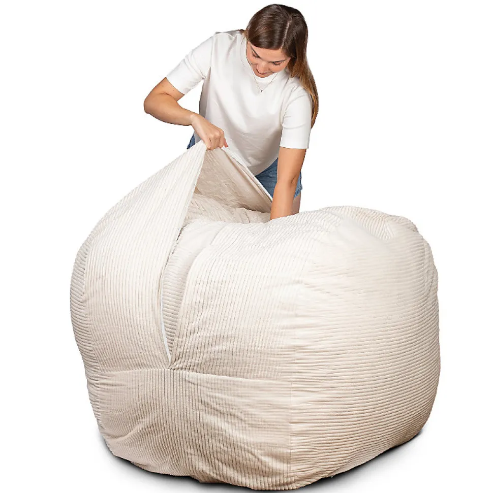 Pouf lit convertible 2en1 déhoussable en velours côtelé blanc cassé