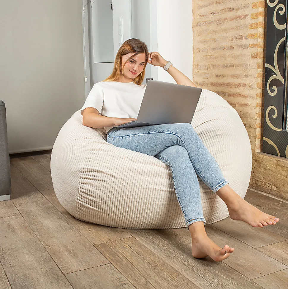 Pouf lit convertible 2en1 déhoussable en velours côtelé blanc cassé
