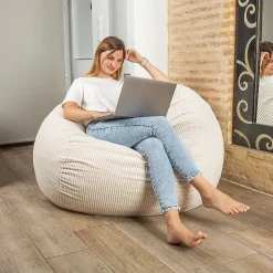 Pouf lit convertible 2en1 déhoussable en velours côtelé blanc cassé