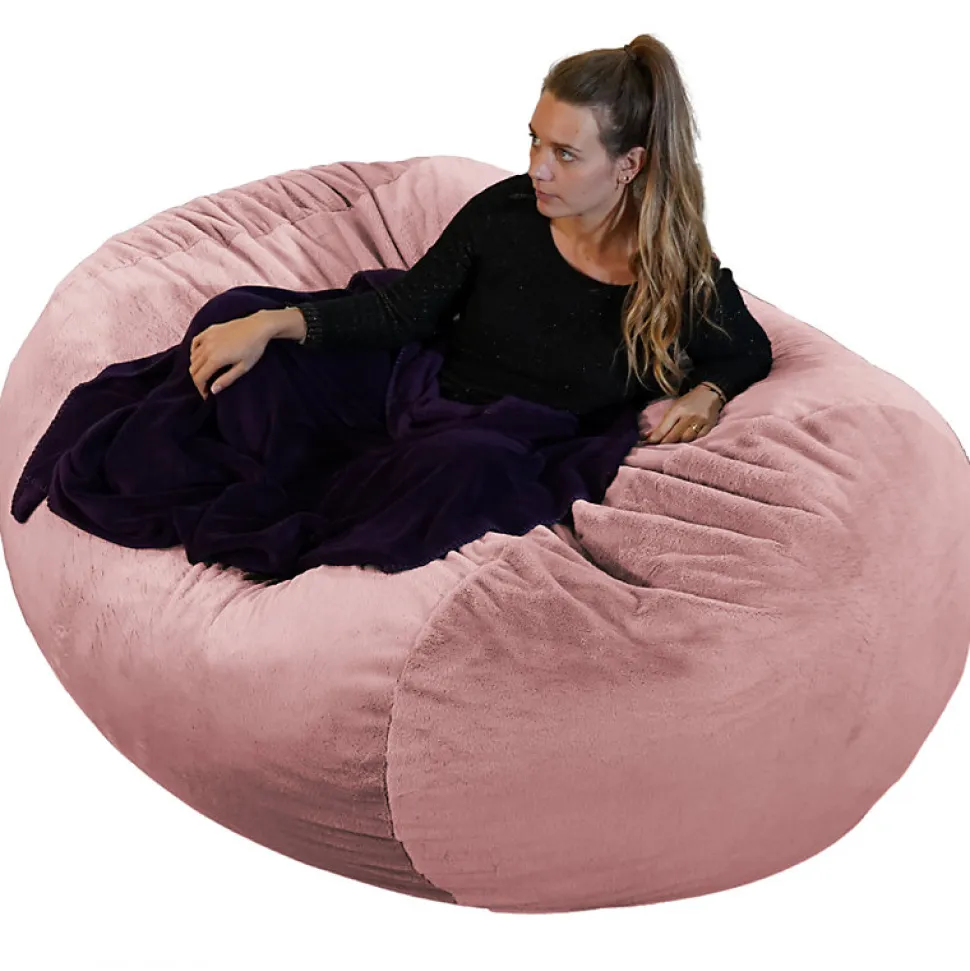 Pouf long géant déhoussable fausse fourrure rose 160 cm