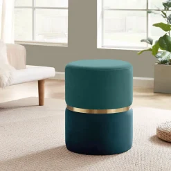 Pouf LOUISE Velours Bleu canard et Métal Doré