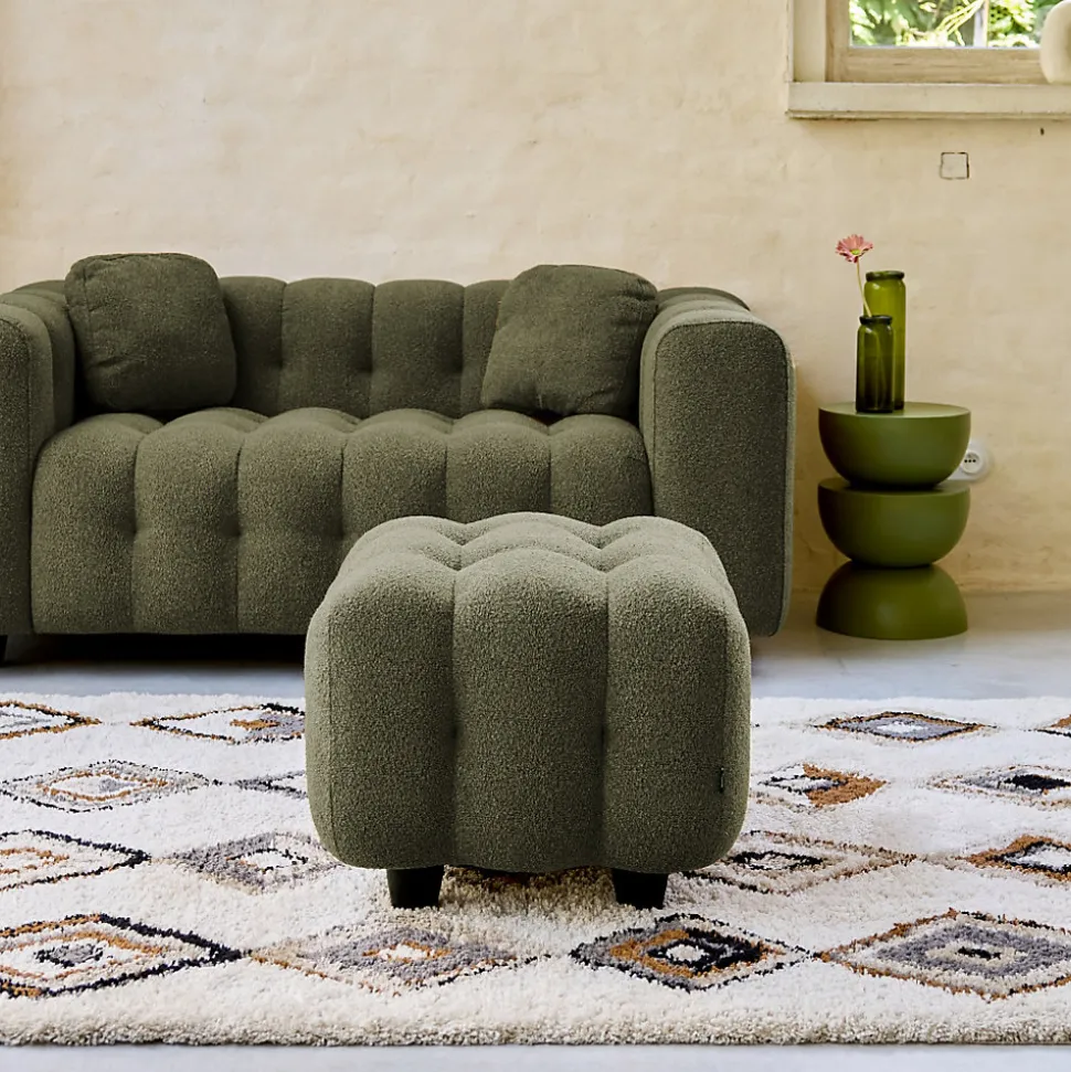 Pouf. module pour canapé. repose-pieds pour canapé 2 places en bouclette texturée kaki L 69 x P 59 x H 48cm - Leon