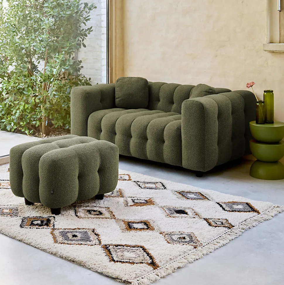 Pouf. module pour canapé. repose-pieds pour canapé 2 places en bouclette texturée kaki L 69 x P 59 x H 48cm - Leon