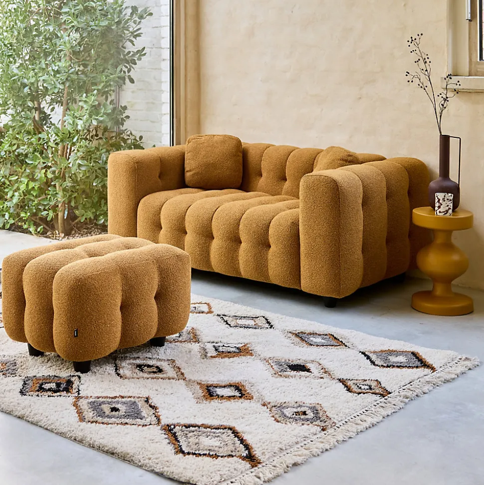 Pouf. module pour canapé. repose-pieds pour canapé 2 places en bouclette texturée moutarde L 69 x P 59 x H 48cm - Leon