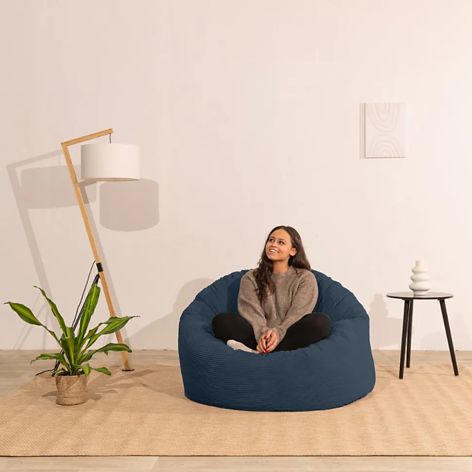 Pouf rond doux velours côtelé épais BANANAIR 100cm bleu foncé