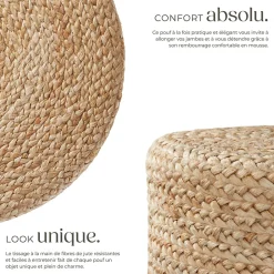 Pouf rond en jute style bohème fait main 100 % fibres naturelles