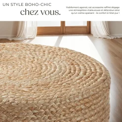 Pouf rond en jute style bohème fait main 100 % fibres naturelles