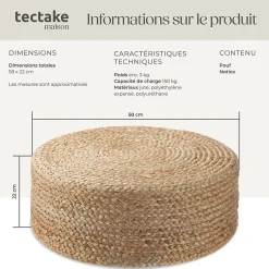 Pouf rond en jute style bohème fait main 100 % fibres naturelles