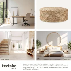 Pouf rond en jute style bohème fait main 100 % fibres naturelles