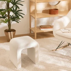 Pouf Sevi en bouclette 41x35cm blanc - Atmosphera