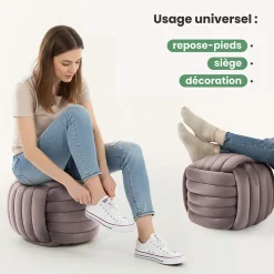Pouf tressé en velours 53 cm NILO Rose Poudré