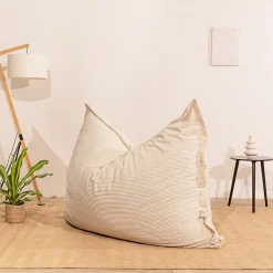 Pouf velours côtelé déhoussable BANANAIR 180 x 140 cm blanc cassé