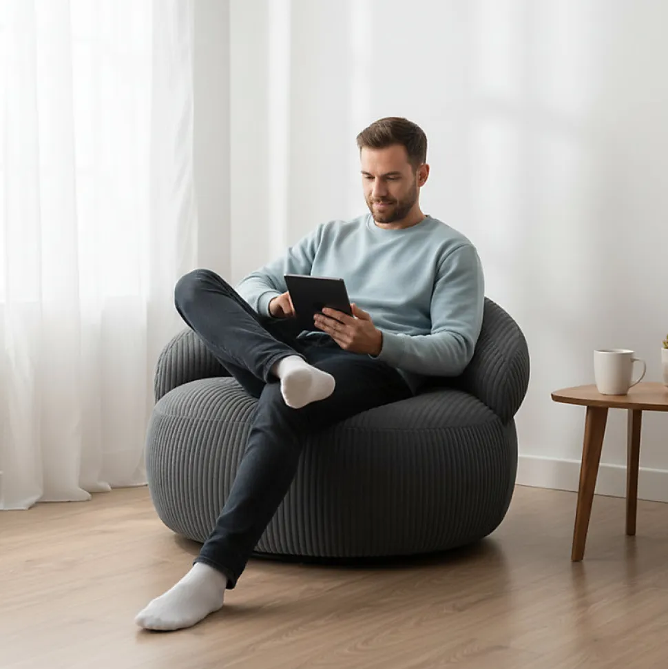 Pouf XXL déhoussable en velours côtelé BANANAIR 110x100 cm gris foncé