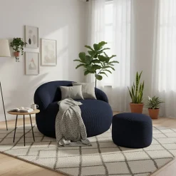 Pouf XXL déhoussable en velours côtelé BANANAIR 110x100 cm + repose-pieds bleu foncé
