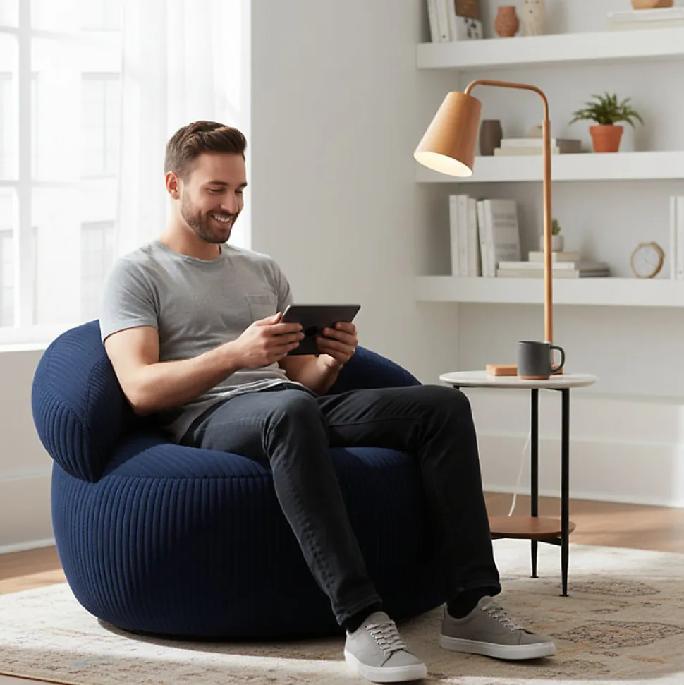 Pouf XXL déhoussable en velours côtelé BANANAIR 110x100 cm bleu foncé