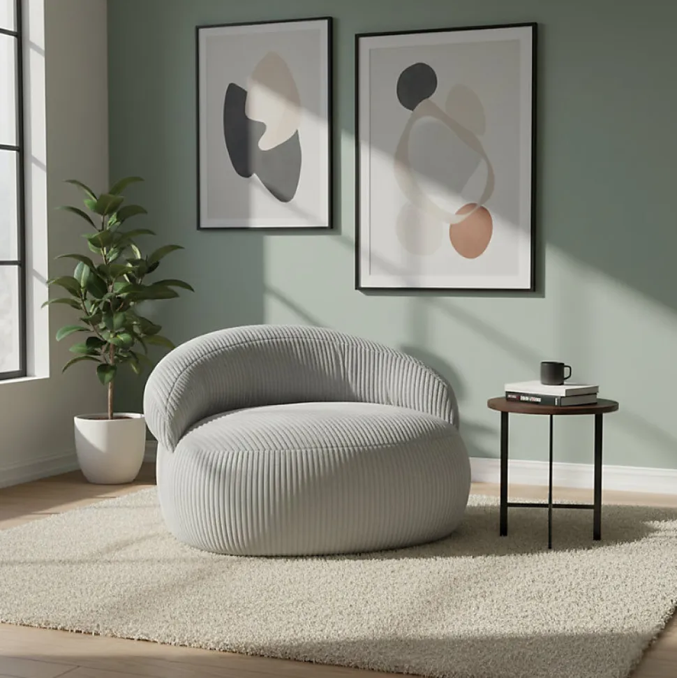 Pouf XXL déhoussable en velours côtelé BANANAIR 110x100 cm gris clair