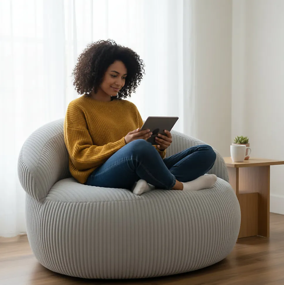 Pouf XXL déhoussable en velours côtelé BANANAIR 110x100 cm gris clair
