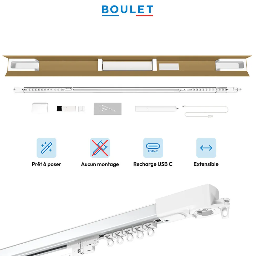 Rail à rideaux motorisé extensible 230 à 400 cm aluminium - Batterie