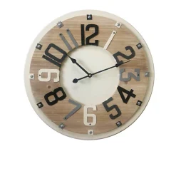Rebecca Mobili Horloge de Décor Chambre Ronde Bois Metal Beige Marron 50x50x4,5